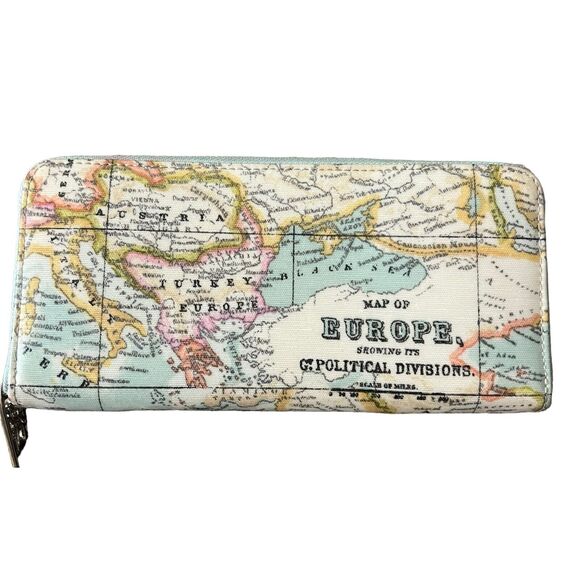 Think Bee Japanese World Map Globe Long Wallet Zip Up Coated Canvas Light Blue - Picture 1 of 16